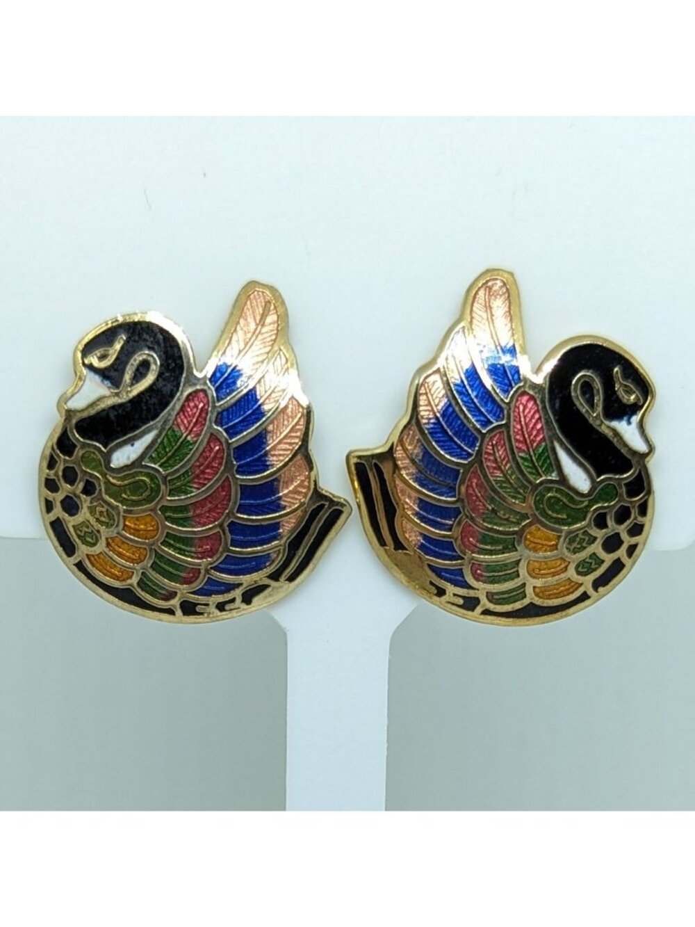 Vintage Cloisonne Swan Clip On Earrings Gold Tone Brass 1980s Mirror Image